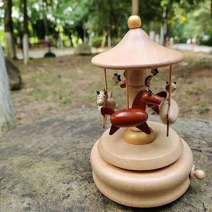 Natural Solid Wood Handcrafted Beech Wooden, Musical FigureTotoro/Carousel/Fairy/Ballerina Figurine,Rotating Hand Crank Mechanism Music Box,Musical Decorations (Merry-go-Round)