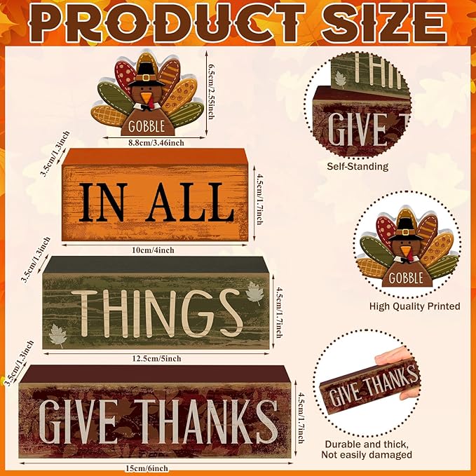 Moucuny 4 Pcs Fall Decorations for Home Wooden Turkey Decor Thanksgiving Tiered Tray Decor Thanksgiving Table Centerpiece Rustic Wooden Gobble Turkey Block Sign for Autumn Harvest Party Kitchen Shelf