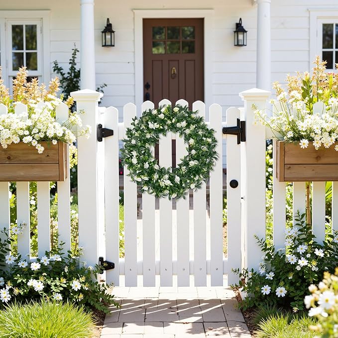 SHACOS Greenery Wreath 15" Artificial Front Door Wreaths Green Wreath with White Flowers for Home Wall Window Farmhouse Decoration 100% Plastic Indoor Outdoor