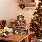 Moucuny 4 Pcs Christmas Table Decoration Christian Wooden Stacked Block, Jesus is the Reason for the Season Signs with Nativity Scene, Rustic Religious Christmas Tiered Tray Decor for Home Church