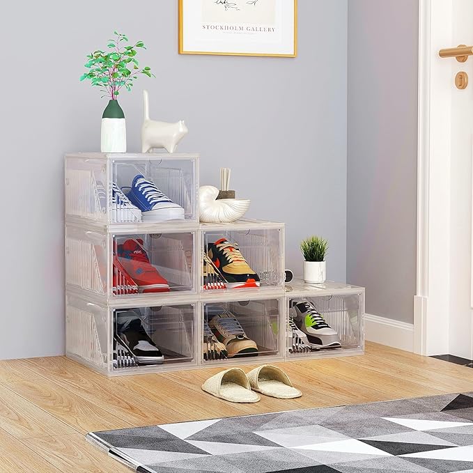 AWTATOS Shoe Boxes with Magnetic Door, Stackable Shoe Storage Organizer with Lids, Folding Shoe Rack for High Heels, Thickened Sneaker Storage Container, 6 Pack, Clear