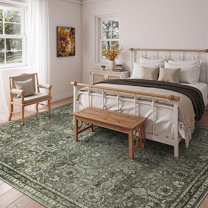 Lahome Green 10x14 Area Rugs for Living Room, Washable Vintage Large Floor Rugs for Bedroom, Rubber Backed Non-Slip Carpet for Dining Room Office