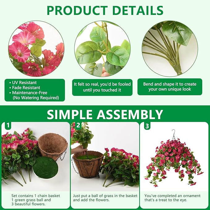 Homusnny Artificial Hanging Fake Flowers with Basket Plants Spring and Summer Outdoor Decoration, Faux Silk Flower UV Resistant Morning Glory for Home Porch Patio Garden Balcony Yard etc.(Red)