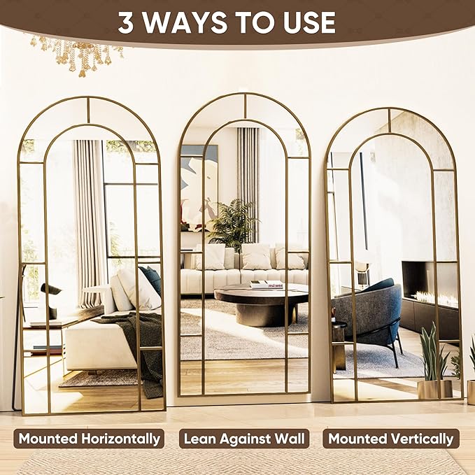Antok 71" x 28" Full Length Mirror, Floor Mirror Arched Window Decorative Mirror, Metal Framed Decor Farmhouse Floor Mirrors Art Pane Mirrors Wall Decor for Bedroom, Living Room, Entryway Black