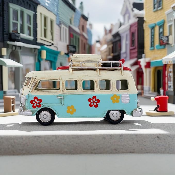 Vintage Mini Camper Van Decor, Tropical Flower Decals, Coastal Beach Style Ornament for Shelf Table Home Decoration, Light Blue