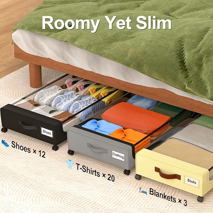 GoMaihe Under Bed Storage with Wheels: 48L Underbed Storage Containers with Clear Lids - Rolling Drawers & Bins for Shoes Clothes in Dorm Bedroom - Space-Saving Easy Pull-out Black 4-Pack