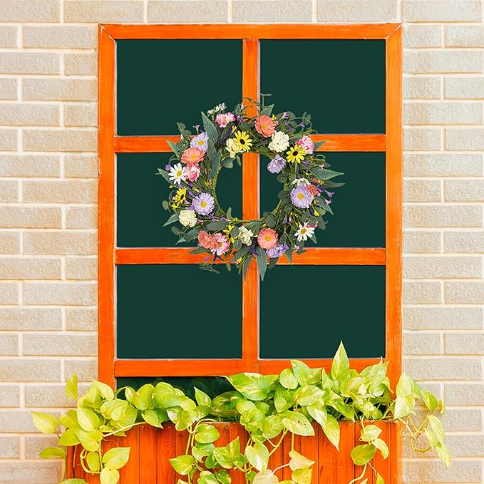VioletEverGarden Artificial Spring Wreath 20” Purple Yellow White and Pink Flower Wreaths Summer Door Wreath for Home Party Festival Wedding Decor