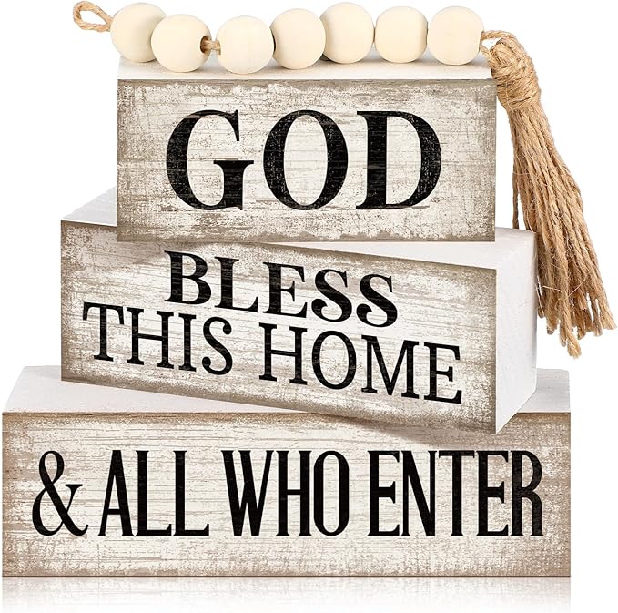 Moucuny 4 Pcs Christian Table Decor Rustic Wooden Block Sign Set with God Bless This Home & All Who Enter Farmhouse Stacked Decor with Beaded Garland Tassel Christian Home Decors for Office, Shelf