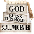 Moucuny 4 Pcs Christian Table Decor Rustic Wooden Block Sign Set with God Bless This Home & All Who Enter Farmhouse Stacked Decor with Beaded Garland Tassel Christian Home Decors for Office, Shelf