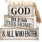 Moucuny 4 Pcs Christian Table Decor Rustic Wooden Block Sign Set with God Bless This Home & All Who Enter Farmhouse Stacked Decor with Beaded Garland Tassel Christian Home Decors for Office, Shelf