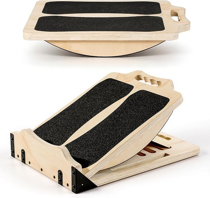 MoKo 2-in-1 Wooden Slant Board & Balance Board, 4 Adjustable Inclines Calf Stretcher for Knees, Ankles, Heels, Feet and Legs, Non-slip Stretch Boards Support up to 220lbs