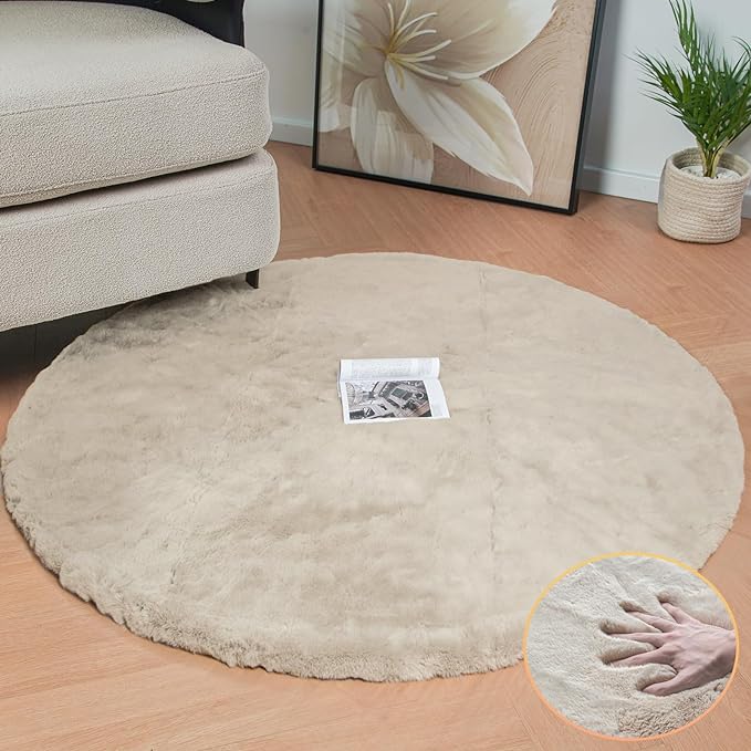Camel Plush Shag Faux Rabbit Washable Fuzzy Fur Rugs for Living Room Bedroom Kids Circle Small Nursery Area Rug Round Rug 3ft