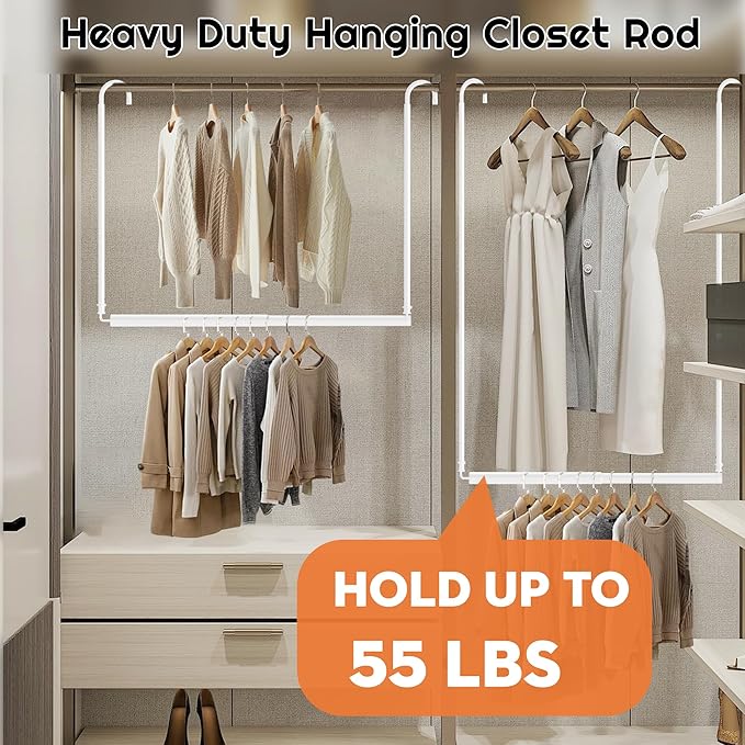 Hanging Closet Rod Adjustable Width Height Closet Rod For Hanging Clothes White 2 Pack Closet Extender Hanging Rod Clothes Space-Saving Hanging Bar Organizer