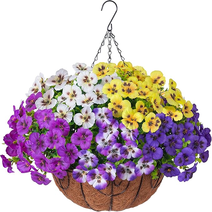 Ivydale Artificial Pansies Hanging Basket, 20 Bundles Fake Flowers Hanging Plant for Outdoor Decoration, Silk UV Resistant Realistic Colorful for Front Door Porch