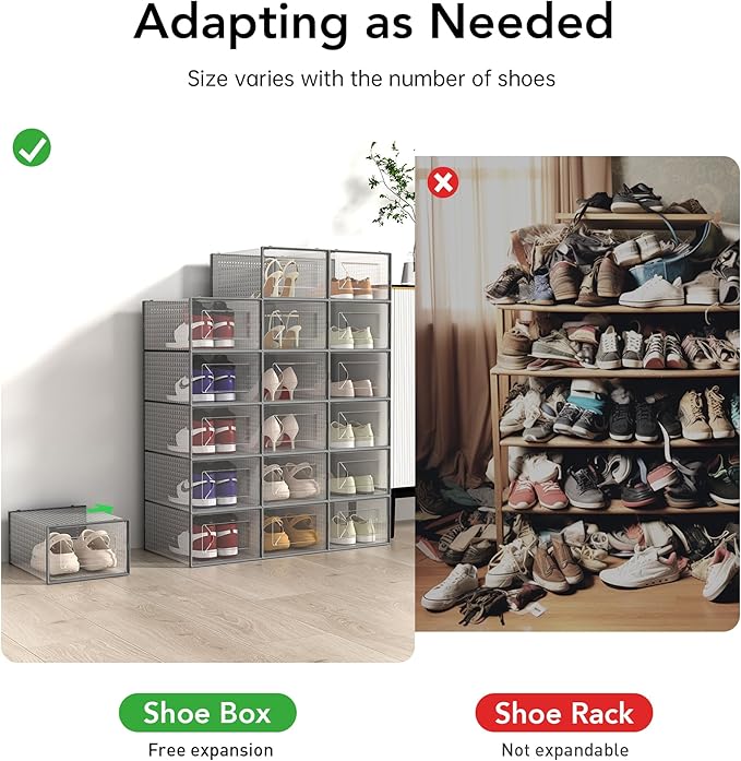 X-Large Shoe Storage Box, 15 Pack Clear Plastic Stackable Shoe Organizer for Closet, Interlocking Design Shoe Container Bins for Sneakers, Foldable Shoe Rack with Lids, Gray