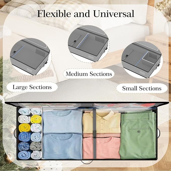 GoMaihe Under Bed Storage with Wheels: 70L Rolling Bins for Wrapping Paper Storage, Toys, Clothes - Includes Mesh Bag & Adjustable Dividers, Metal Frame Easy Pull-out Grey 1-Pack