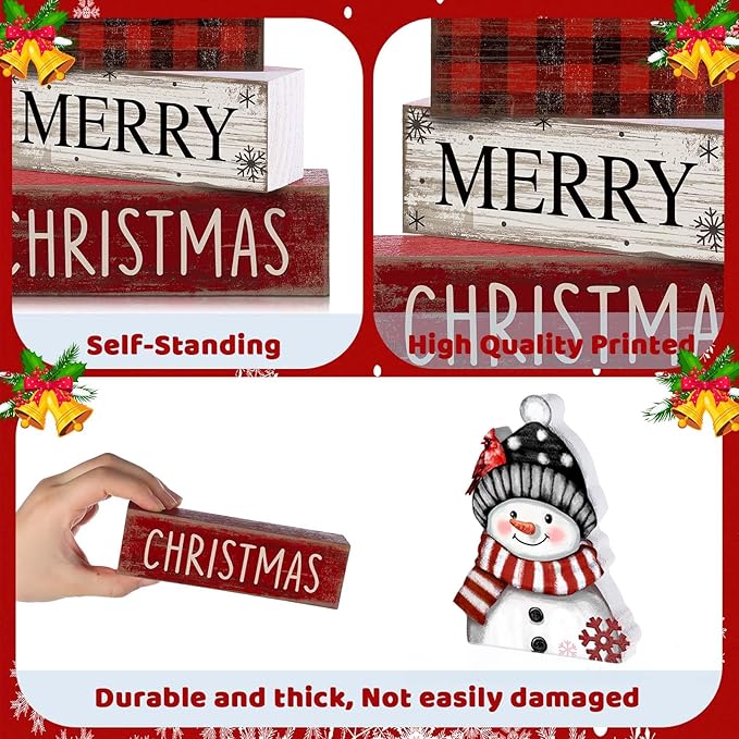 Lineshading 4 Pcs Christmas Table Decoration Wooden Snowman Decor Christmas Tiered Tray Decor Red Buffalo Plaid Block Signs Snowman Table Centerpiece Farmhouse Winter Decoration for Home Kitchen Shelf