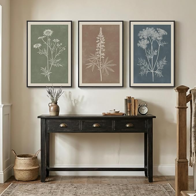 Framed Boho Botanical Wall Art for Living Room, 3 Piece Modern Farmhouse Neutral Floral Canvas Painting Prints, Minimalist Vintage Flower Plants Line Artwork for Bedroom Hallway Wall Decor, 24x36