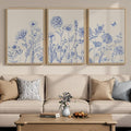 Framed Neutral Chinoiserie Blue Botanical Wall Art, 3 Piece Minimalist Floral Canvas Artwork for Modern Farmhouse, Flower Painting Prints for Living Room Bedroom Kitchen Office Dining Room, 20x30 In