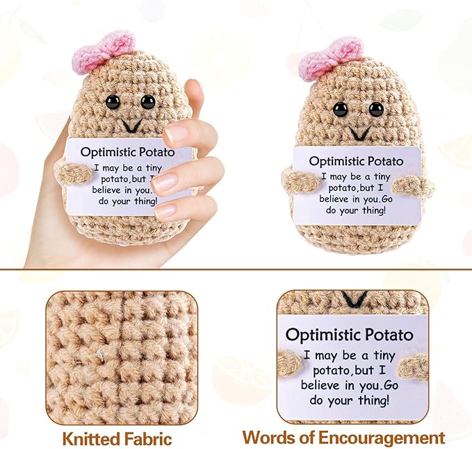Positive Funny Crochet Potato Gifts for Girls Dad Women Men Friend,Mother's Day Easter Birthday Gifts from Daughter Son Handmade Kintted Crochet Doll with Emotional Encouragement Card Desktop Decors