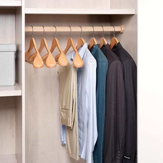 Amber Home 6 Pack Wide Shoulder Wooden Suit Hangers, Natural Wood Coat Hangers with Non Slip Pants Bar, Clothes Hangers for Jackets, Sweaters, Pants & Heavy Clothes (Natural, 6 Pack)