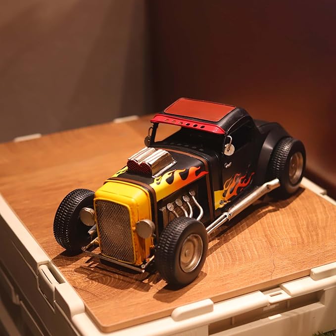 GENUINQ Vintage Hot Rod Metal Car Model Retro Classic Car Decor, Handmade Collectible Vehicle Figurine with Flame Design for Home, Office, Man Cave Decor & Gift