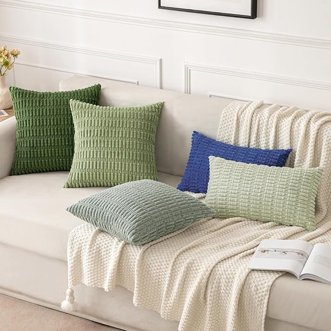 MIULEE Pack of 2 Spring Corduroy Decorative Lumbar Throw Pillow Covers 20x12 Inch Soft Boho Striped Pillow Covers Modern Farmhouse Home Decor for Summer Sofa Living Room Couch Bed Moss Green