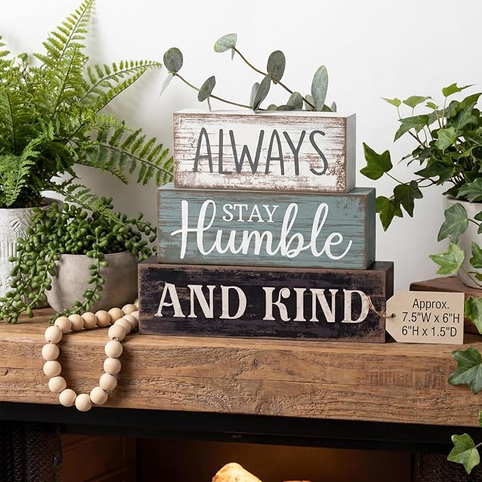 Lineshading 4 Pcs Inspirational Farmhouse Table Decor Always Stay Humble and Kind Stacked Wooden Block Signs with Inspirational Quote Eucalyptus Leaves for Home, Living Room, Shelf Housewarming Gift
