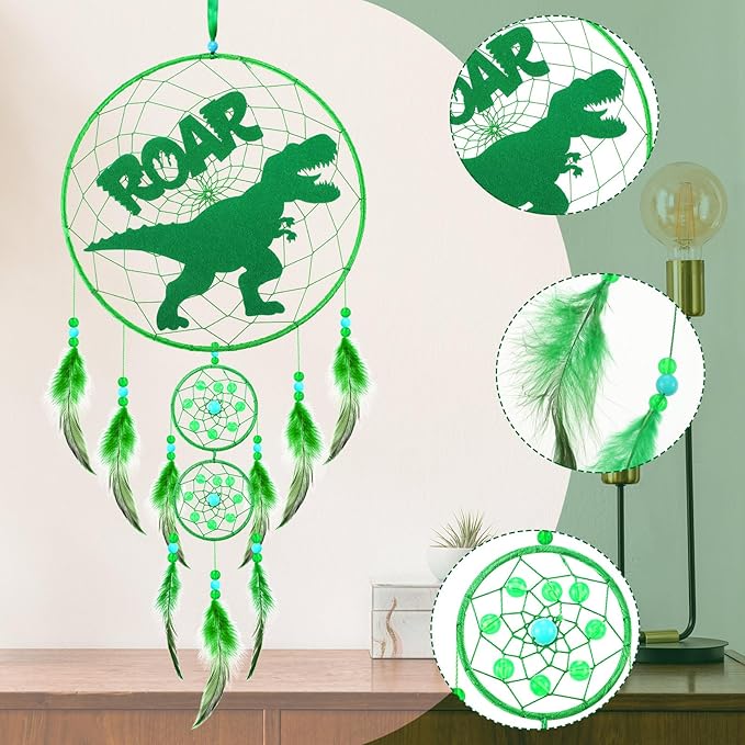 Dinosaur Dream Catcher Kit for Kids Dino Feather Dreamcatcher Dinosaur Wall Hanging Decor with Triple Ring DIY Feather Dream Catcher Gifts for Home Nursery Boys Girls Toddler Baby Room Bedroom Decor