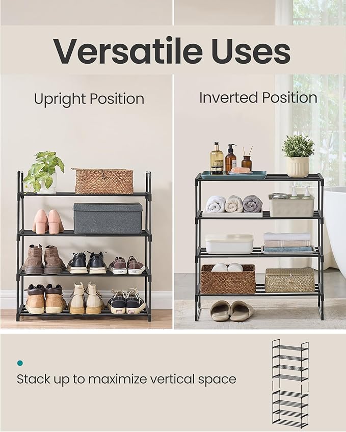 SONGMICS Shoe Rack, 4-Tier Shoe Organizer, Metal Storage Shelf, Upright or Upside Down, for 10-15 Pairs, Stackable, for Entryway, 11.8 x 26.8 x 28.4 Inches, Black ULSA204B01