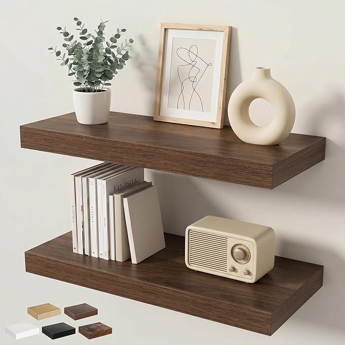 Floating Shelves for Wall 24 in x 9.3 in Deep, Wall Mounted Rustic Wood Shelf with Invisible Brackets for Storage & Display, Living Room Bedroom Bathroom, Walnut, 2 Pack