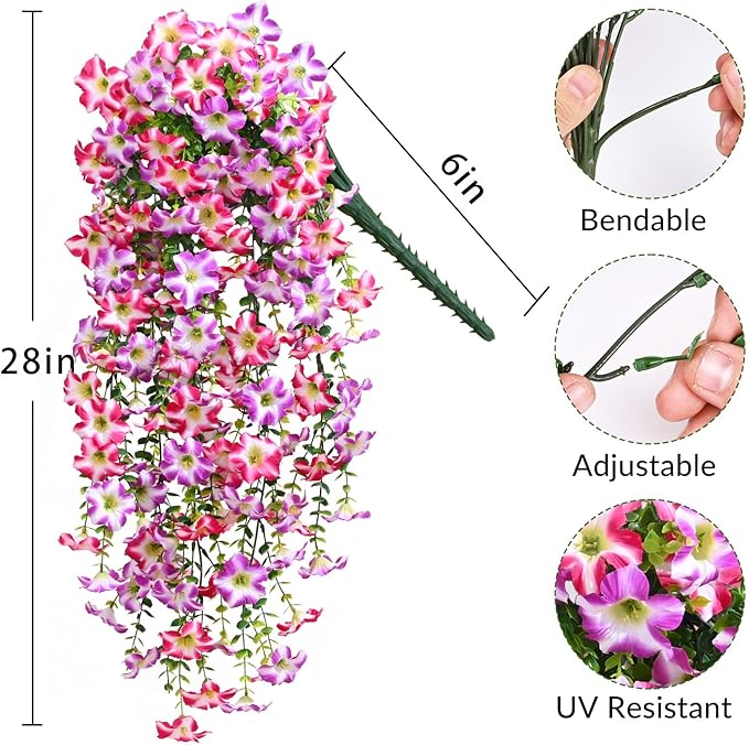 Waipfaru Artificial Petunias Flowers for Outdoors, 2 Pcs UV Resistant Fake Hanging Plants Spring Outside Decor, Faux Silk Flowers Long Trailing Vines for Outdoor Planters Porch Garden (Purple Fuchsia)