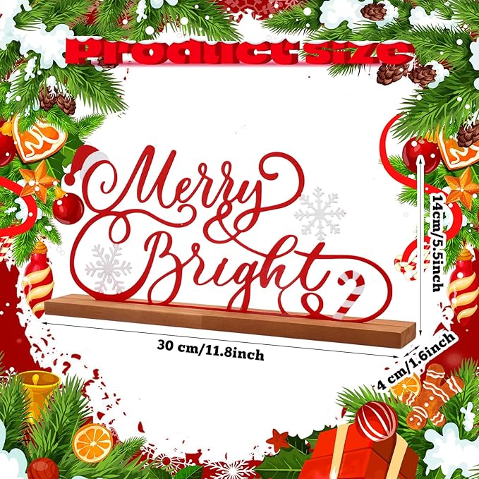 Teenyyou Christmas Table Decoration Merry Bright Christmas Metal Word Sign Merry Bright Table Centerpiece Xmas Party Decor Gift with Wooden Base for Holiday Tabletop Desk Decoration