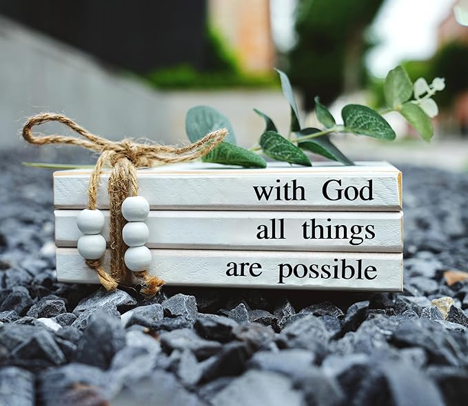 3 Pieces Wooden Decorative White Books, Rustic Farmhouse Faux Books for Coffee Table Shelves with Wood Bead Tassels and Leaves, 7'x 4.6'x 2.5' (with God, All Thigs, are Possible)