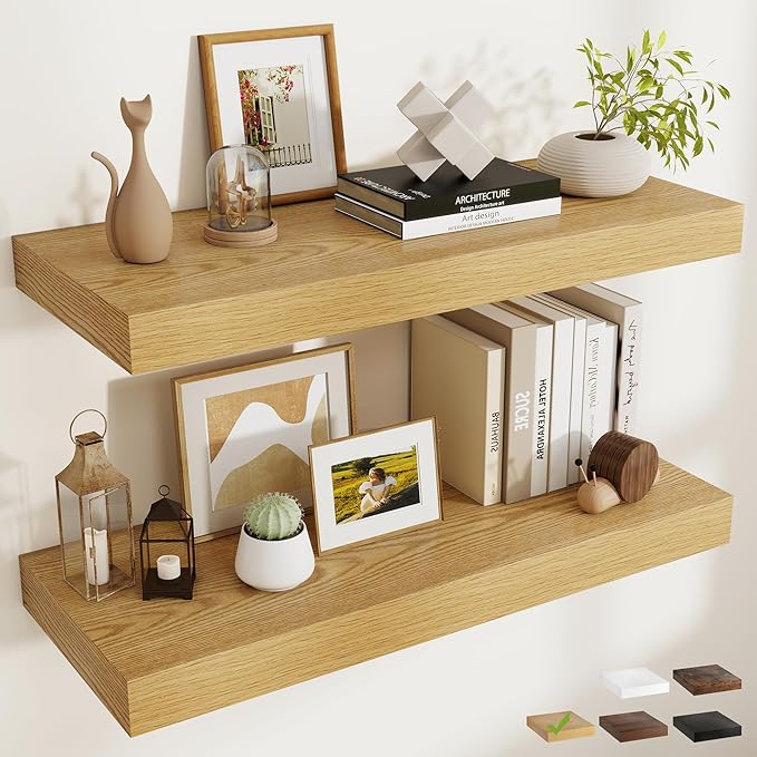 FLYJOE 36 Inch Long Floating Shelves for Wall Set of 2, 12" D Wood Grain Bathroom Shelves with Invisible Brackets, Easy Install Engineered Wood Storage Shelves for Kitchen, Living Room, Bedroom