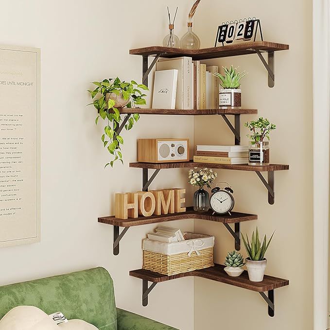 Fixwal Corner Floating Shelves for Wall Set of 5, Rustic Wood Wall Mounted Shelf for Bathroom, Kitchen, Bedroom, Home Decor, Laundry Room, Living Room (Dark Carbonized Black)