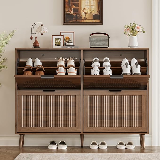 Shoe Cabinet for Entryway with 4 Flip Drawers, Slim Wooden Shoe Storage Organizer with Modern Fluted Pannel，Freestanding Narrow Hidden Shoe Rack for Hallway, Foyer, Living Room
