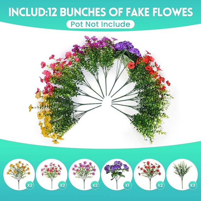 Artificial Flowers for Outdoors Faux Plants Outside Indoor,Realistic UV Resistant Silk Fake Geranium Daisy for Home Patio Garden Back Yard Front Poch Decor Spring Summer(12 Bunches)