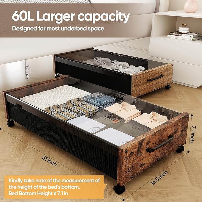 Under Bed Storage with Wheels, Underbed Shoe Storage Containers, Under the Bed Storage Drawers with Lid, Wooden Rolling Blankets Clothes Storage Metal Drawer for Bedroom Dorms Room (Walnut 2pack)