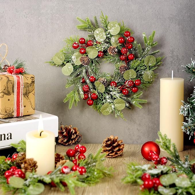 8 Pcs 9 Inch Christmas Artificial Wreaths for Kitchen Cabinet Norfolk Pine Garland with Red Berries Pinecones Wreaths Swags Snowy Pine Candle Rings Holder for Christmas Decorations Table Centerpiece