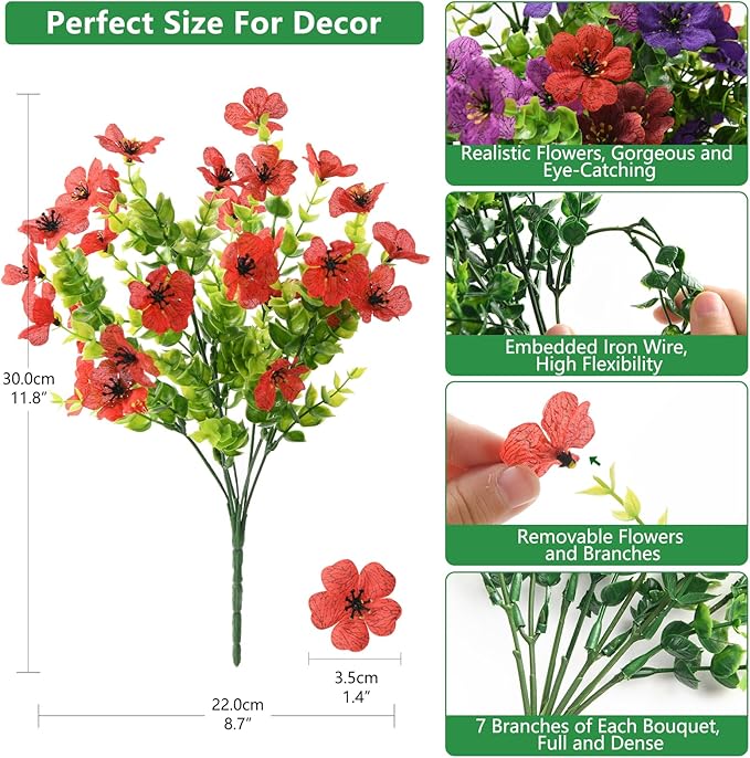 Homsunny Artificial Fake Flowers Plants Outdoors Spring Decor, Faux Flowers Silk Daisy Eucalyptus Plants UV Resisitant for Outside Planter Pot Front Porch Garden Patio Decoration(12 Bundles)