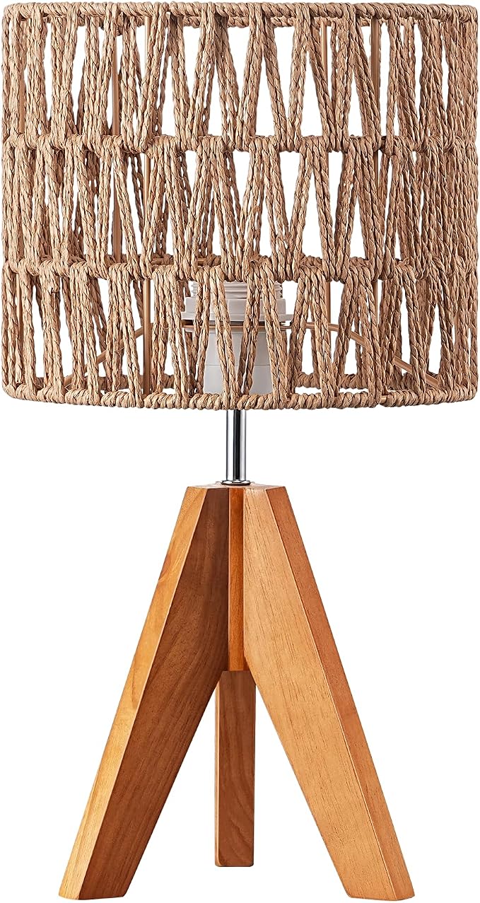 EDISHINE Small Table Lamp, Rattan Wood Tripod Bedside Lamp, Boho Nightstand Lamp for Living Room, End Table, Office, E26 Base, Natural Style