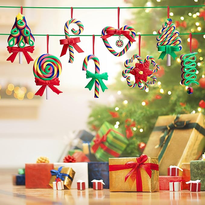 Codree 8 Pcs Rainbow Candy Cane Lollipop Ornaments - Hanging Polymer Clay Decorations for Christmas Tree, Xmas Party