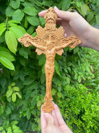 DAICAT Handcrafted Wooden Catholic Cross, Religious Wall Crucifix, Catholic Crucifix 10 inches, Natural Wood (6.7 x 9.8 IN, Jesus 1)