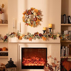 Valery Madelyn 24 inch Fall Pumpkin Teardrop Swag Autumn Harvest Door Hanger with Striped Bow, Mini Pumpkins, Eucalyptus, Raffia & Berry Sprays for Front Door, Mantel Thanksgiving Table Centerpiece