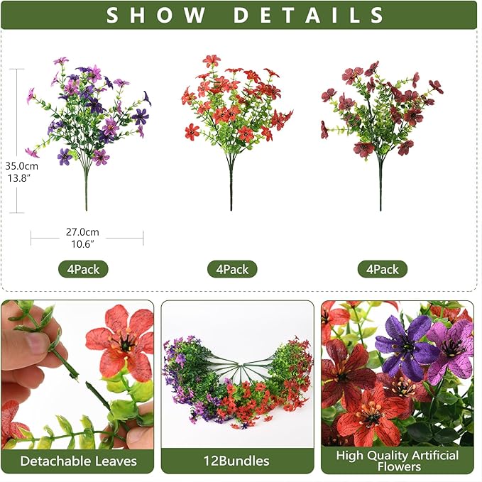 Artificial Fake Outdoor Plants Flowers for Spring Decoration, 12 Bundles UV Resistant Faux Daisy Silk Flower with Eucalyptus Stem for Outside Planters Porch Patio Yard Window Garden (Mix 4 Colors)