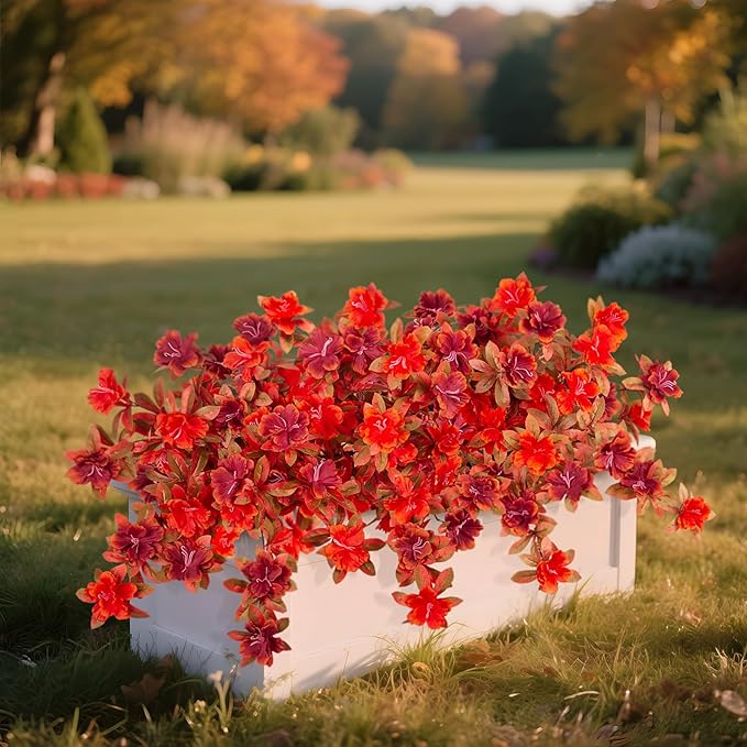 Fall Flowers Artificial for Decoration, Fake Silk Rhododendron Flowers for Outdoors, 2 Bundles Faux Azalea Outside UV Resistant No Fade Floral for Home Garden Balcony Walkway Wedding Party Decor