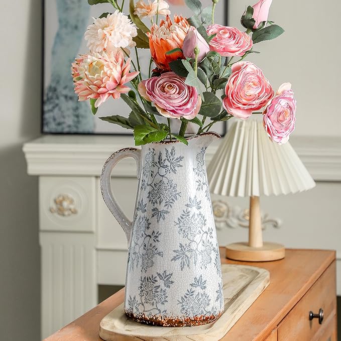 Enra Blue and White vase with Handle,12.2 inch Ceramic Vintage Decorative Flower Pitcher vase, Large Rustic Vases for Home Decors, Living Room, Bookshelf, Office