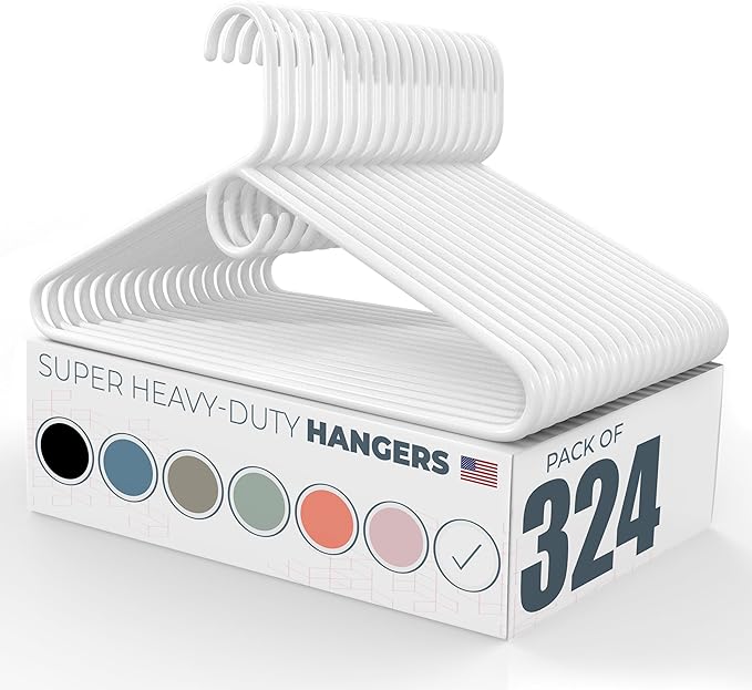 Neaties Super Heavy Duty Clothes Hangers 100+ Pack (324 Count) – Made in the USA - 10lb Capacity, Thick Plastic Hangers for Pants, Coats, Jackets, Jeans and Adult Clothing – White