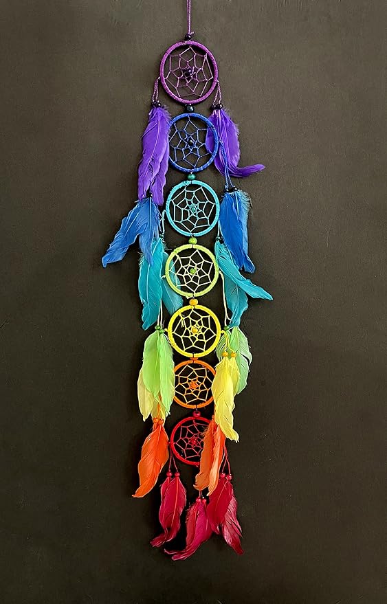 OMA Chakra Rainbow Dream Catcher Wall Hanging with Multi Color Feathers Traditional Authentic Dream Catcher Boho Home Decor Bedroom Decoration Gift Large, 30" Long